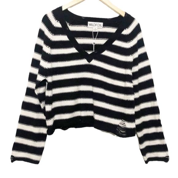 WILDFOX Leanne Optic Stripe Distressed V-Neck Pullover Knit Sweater Size Small - Picture 2 of 10